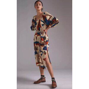 The Odells Anthropologie Womens Geo Midi Dress Linen Blend Cactus Cream XL